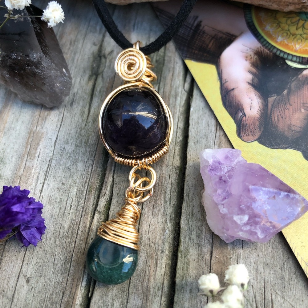 Wire Wrapped Amethyst Moss Agate Necklace Crystal Ball Briolette Pendant